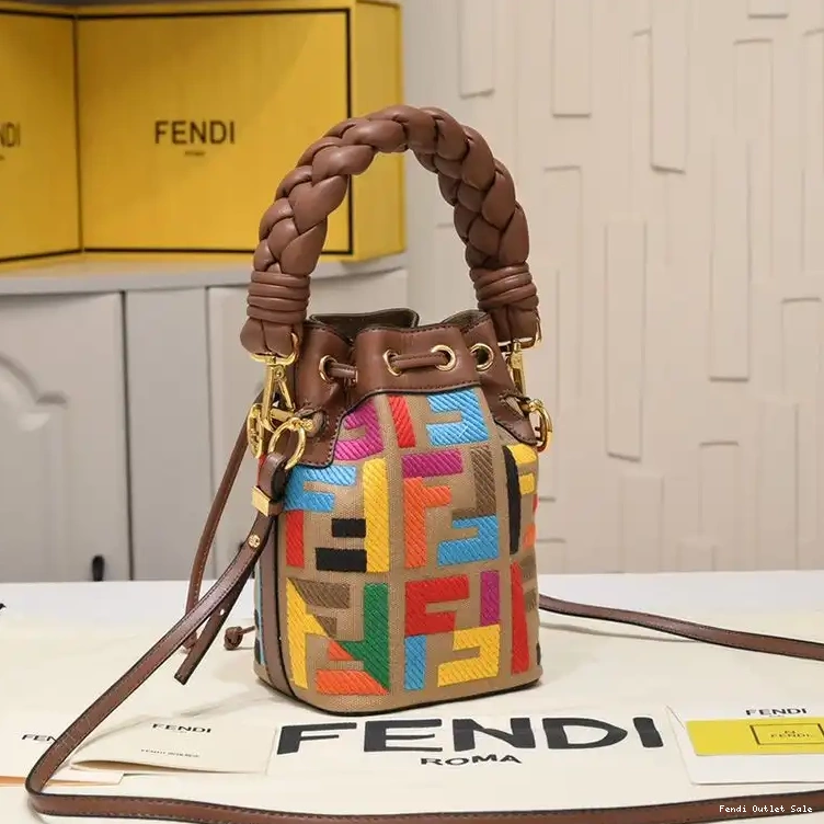 Cheap Woven with Motif Mon Canvas Bucket Handle Brown In Mini FF Fendi Tresor Bag 0703
